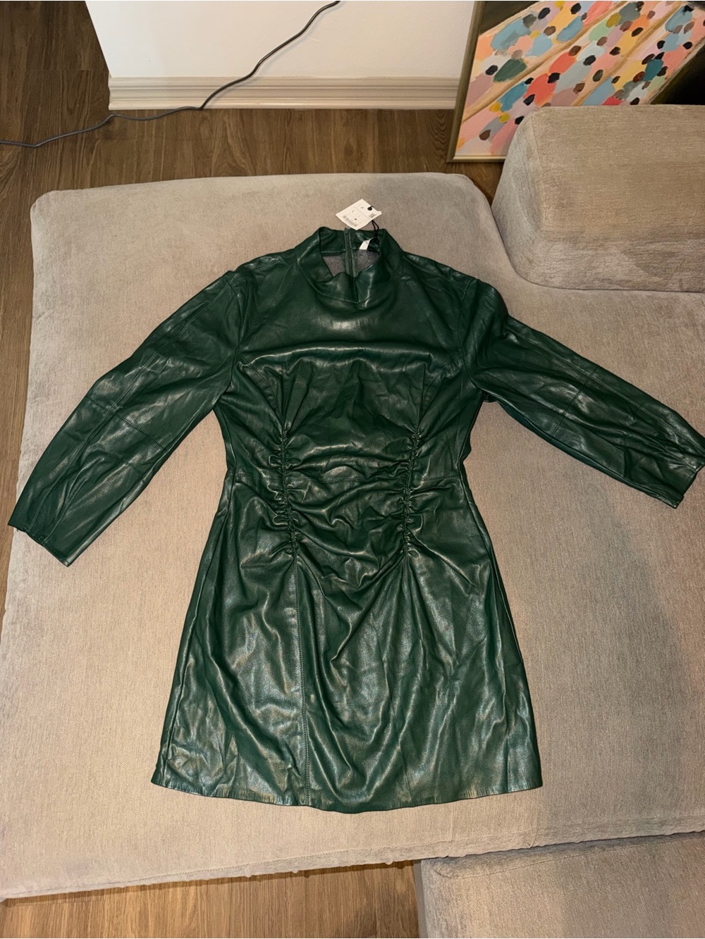 Zara Dark Green Faux Leather Ruched Waist Mini Jacket-Dress